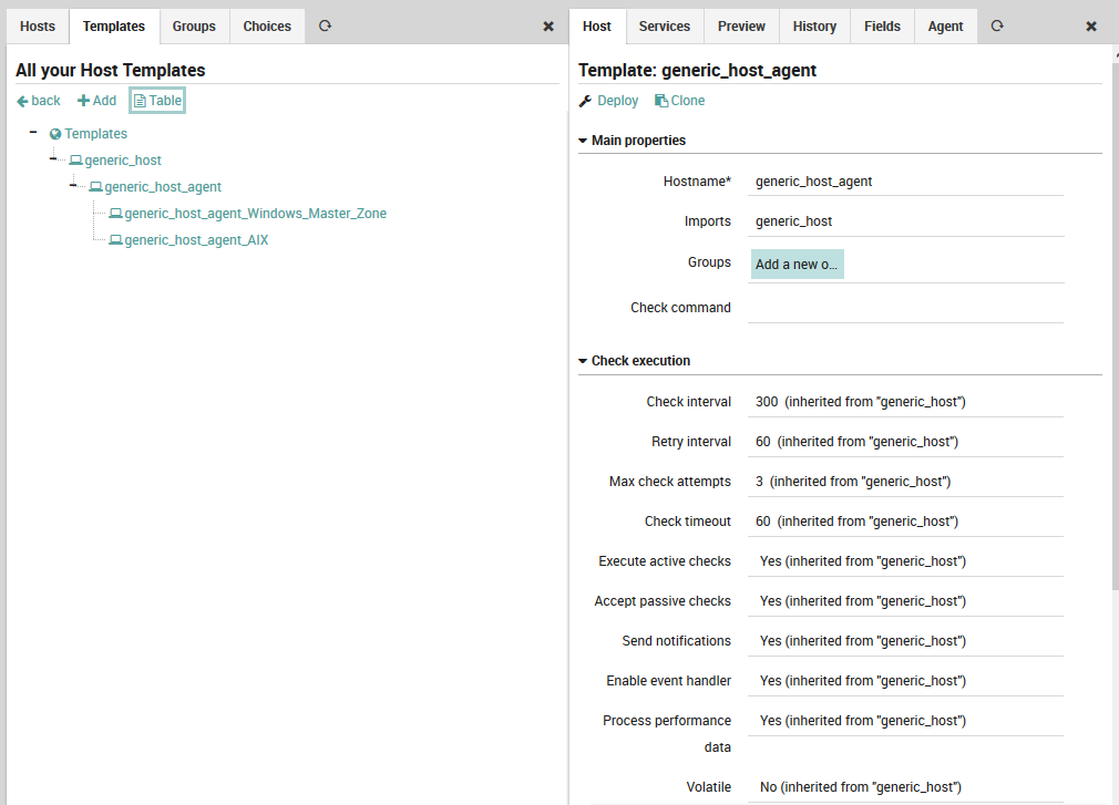 Tree view of an intermediate host template